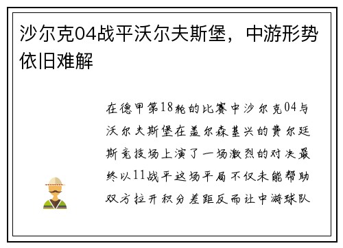 沙尔克04战平沃尔夫斯堡，中游形势依旧难解