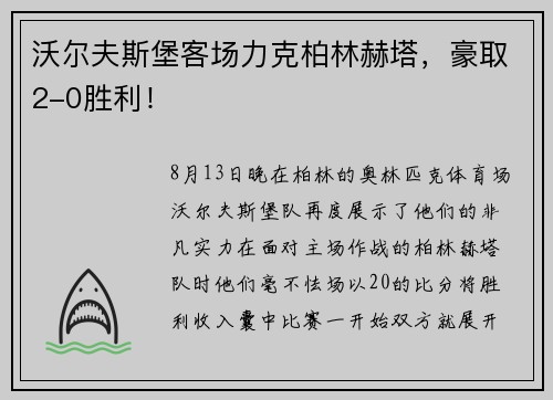 沃尔夫斯堡客场力克柏林赫塔，豪取2-0胜利！
